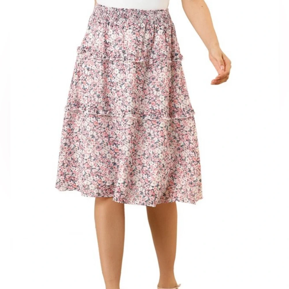 Allegra K Floral Chiffon Skirt XS - Smocked Waist & Tiered